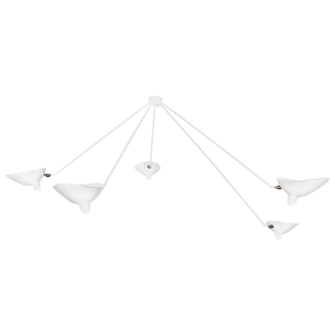 Serge Mouille Moderne weiße Deckenleuchte mit fünf befestigten Armen und Spinnen, Mid-Century Modern