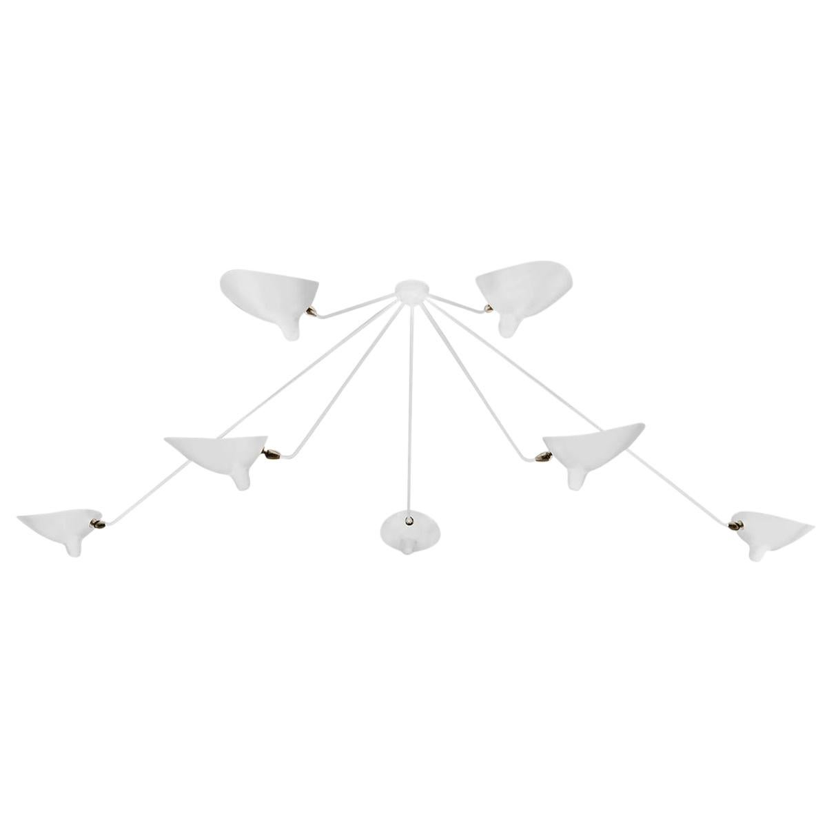 Serge Mouille Mid-Century Modern White Seven Fixed Arms Spider Ceiling Lamp