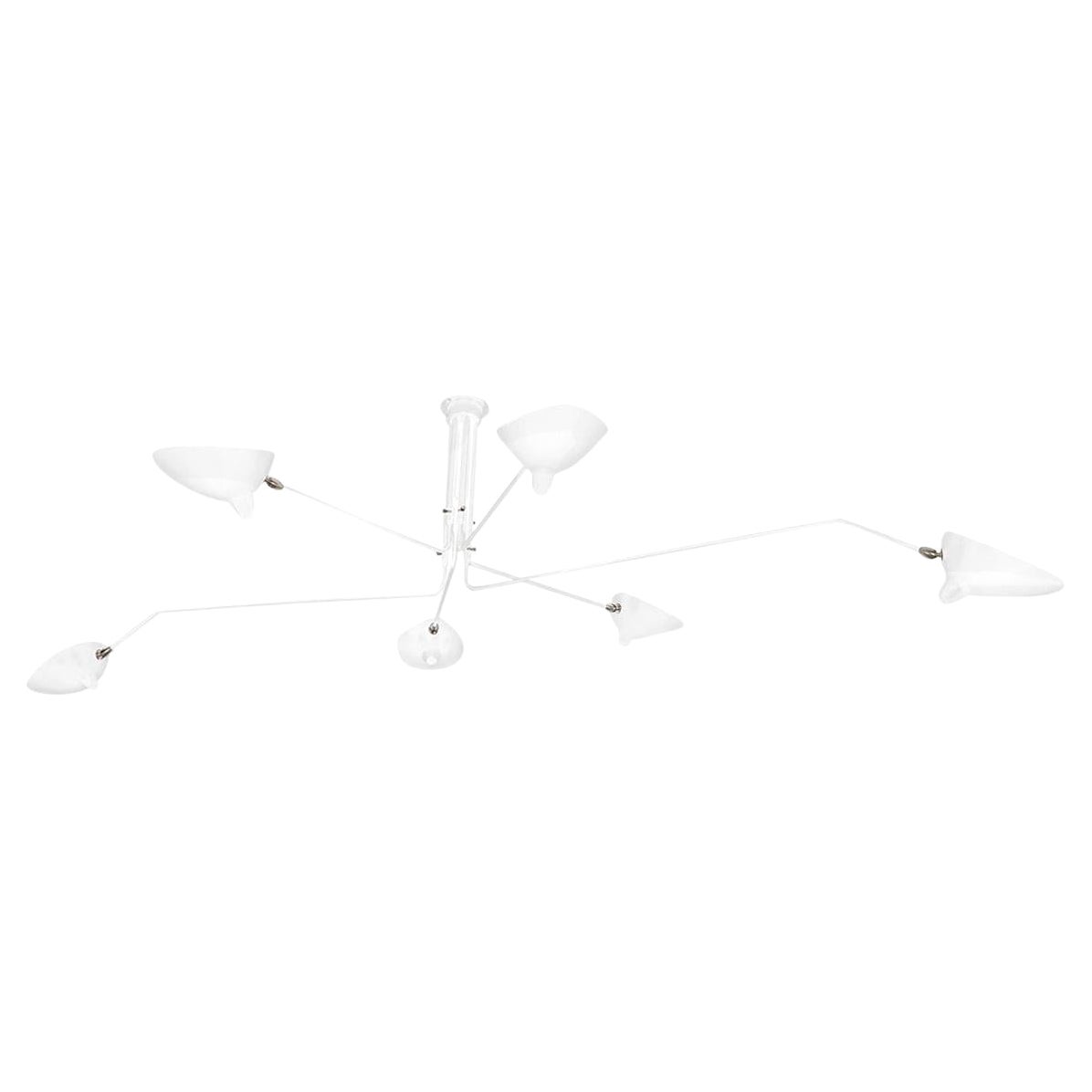 Serge Mouille, lampada da soffitto a sei bracci rotacizzati di colore bianco, moderna e di metà secolo