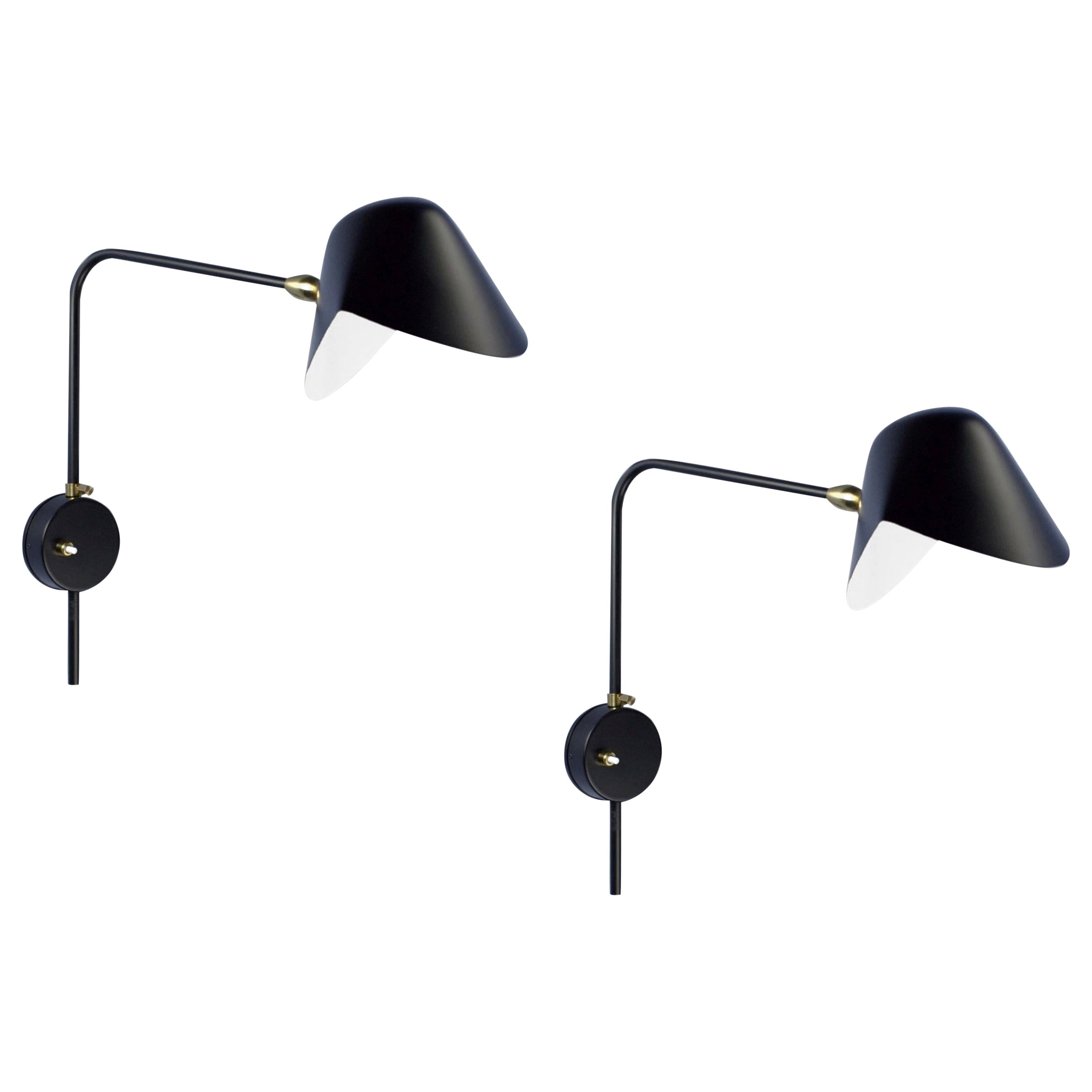 Serge Mouille Modern Black Anthony Wall Lamp Whit Round Fixation Box Set For Sale