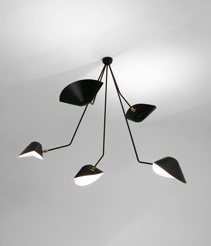 Ceiling wall lamp model 'Five Curved Fixed Arms Spider Ceiling Lamp' designed by Serge Mouille in 1954.

Manufactured by Editions Serge Mouille in France. The production of lamps, wall lights and floor lamps are manufactured using craftsman’s
