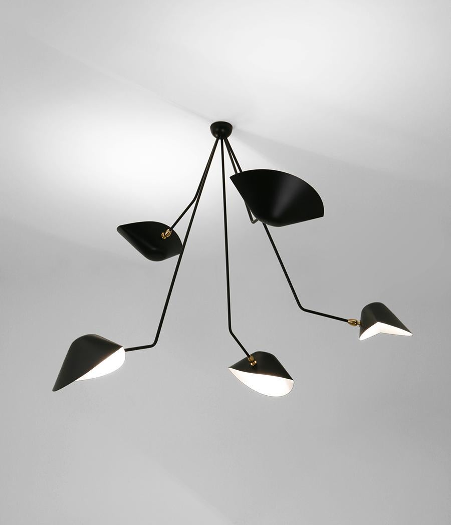 Mid-Century Modern Serge Mouille Modern Black Five Curved Fixed Arms Spider Ceiling Lamp For Sale