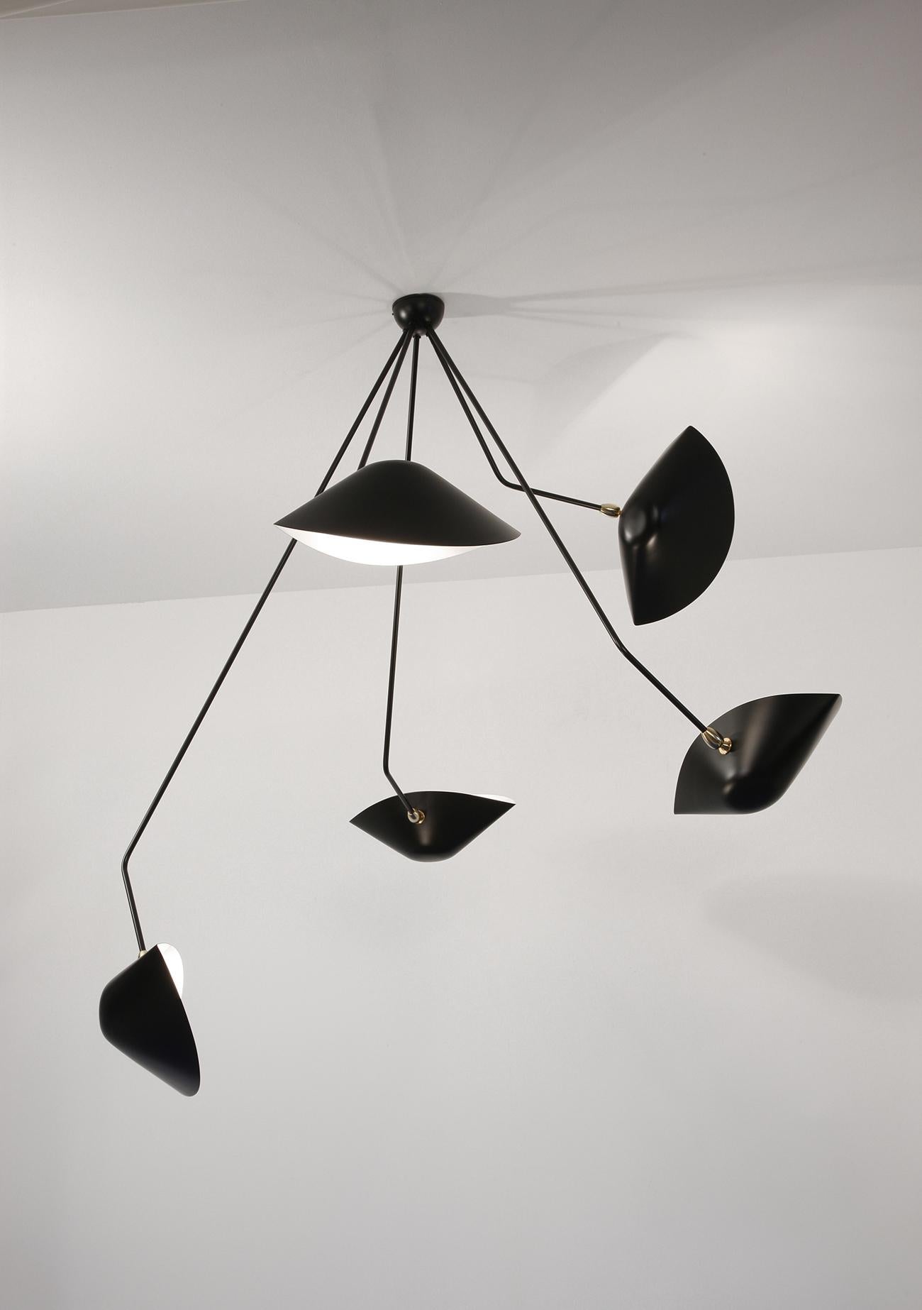 French Serge Mouille Modern Black Five Curved Fixed Arms Spider Ceiling Lamp For Sale