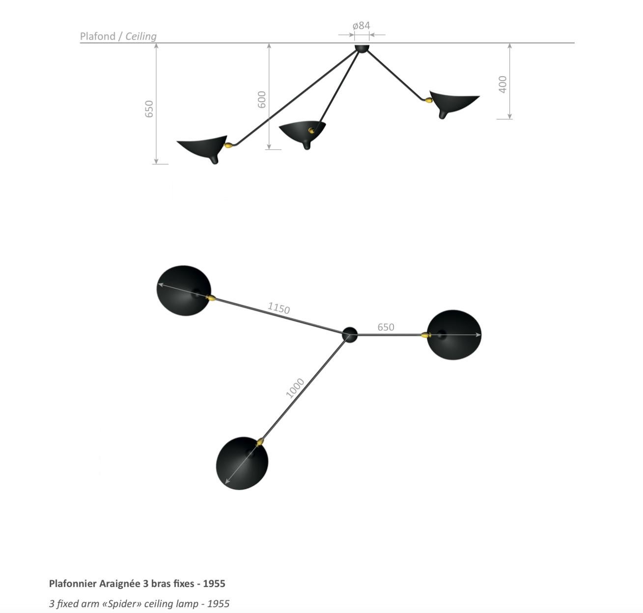 Serge Mouille Moderne schwarze Deckenleuchte mit drei befestigten Armen und Spinnen (21. Jahrhundert und zeitgenössisch) im Angebot