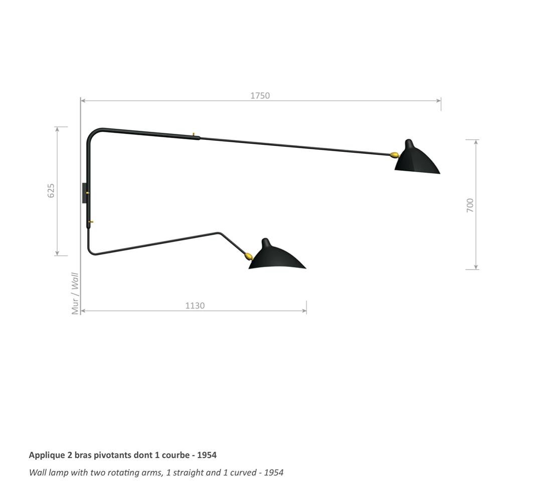 Lampe murale moderne noire à deux bras droits rotatifs Serge Mouille 6