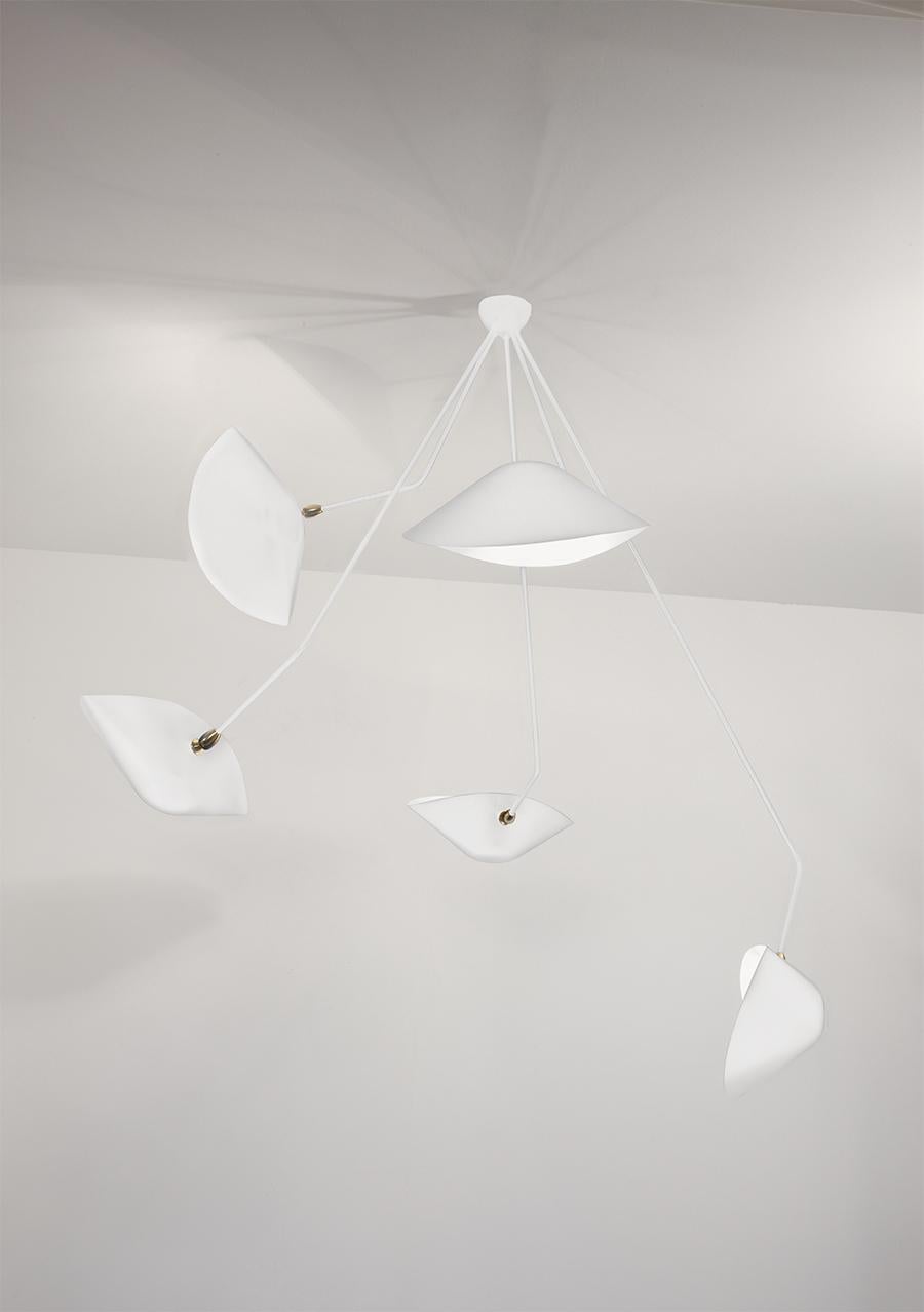 Ceiling wall lamp model 'Five Curved Fixed Arms Spider Ceiling Lamp' designed by Serge Mouille in 1954.

Manufactured by Editions Serge Mouille in France. The production of lamps, wall lights and floor lamps are manufactured using craftsman’s