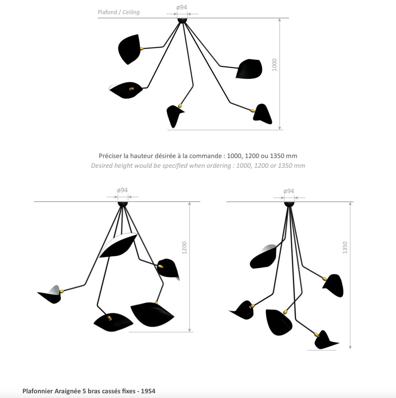 Moderne weiße fünf geschwungene, befestigte Spinnen-Deckenleuchte von Serge Mouille (Französisch) im Angebot