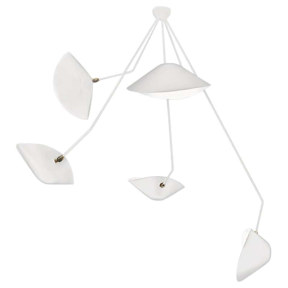 French Serge Mouille Modern White Five Curved Fixed Arms Spider Ceiling Lamp For Sale