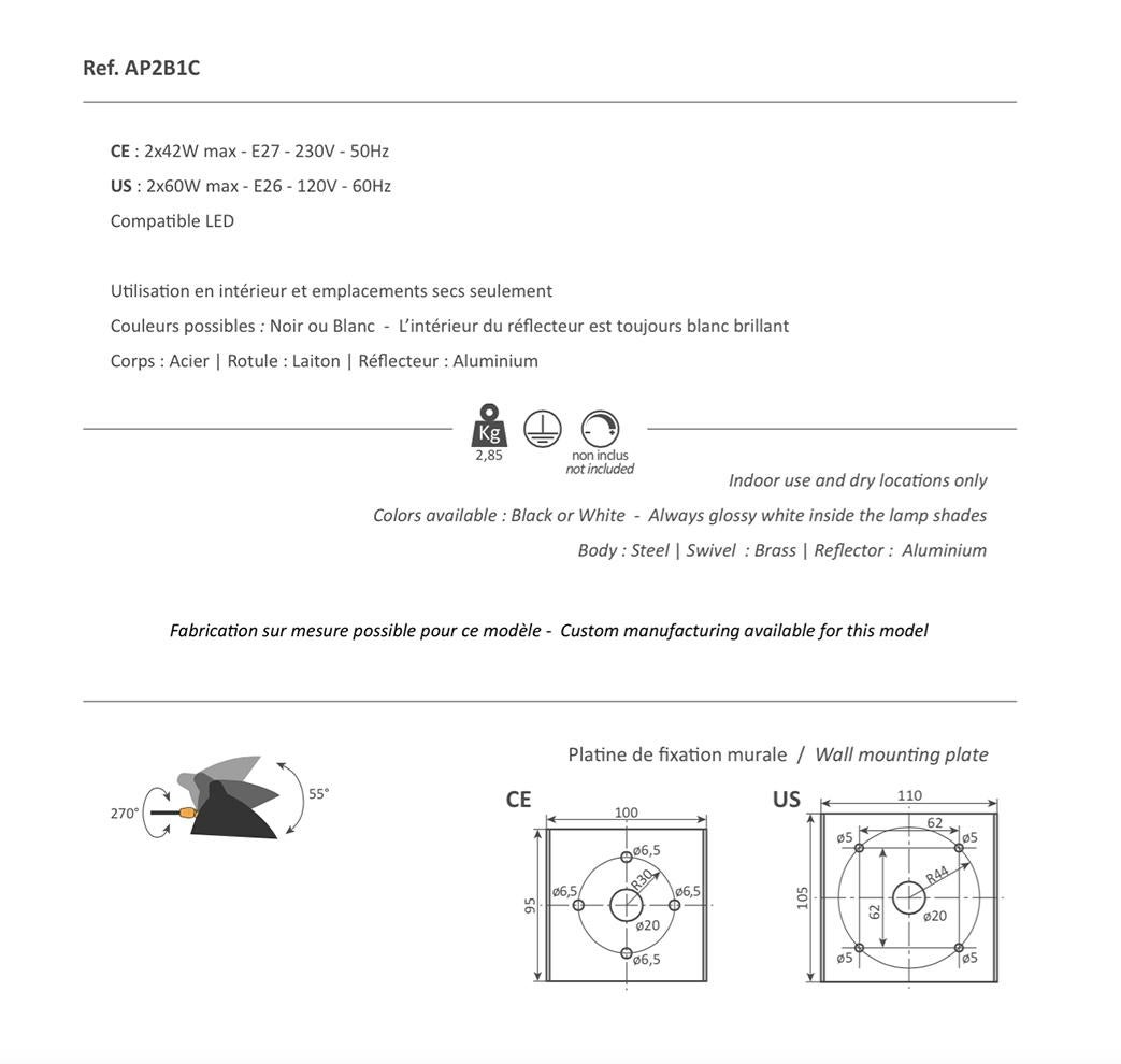 Serge Mouille Modern Weiß Zwei drehbare, gerade und gebogene Arme Wandleuchte (Aluminium) im Angebot