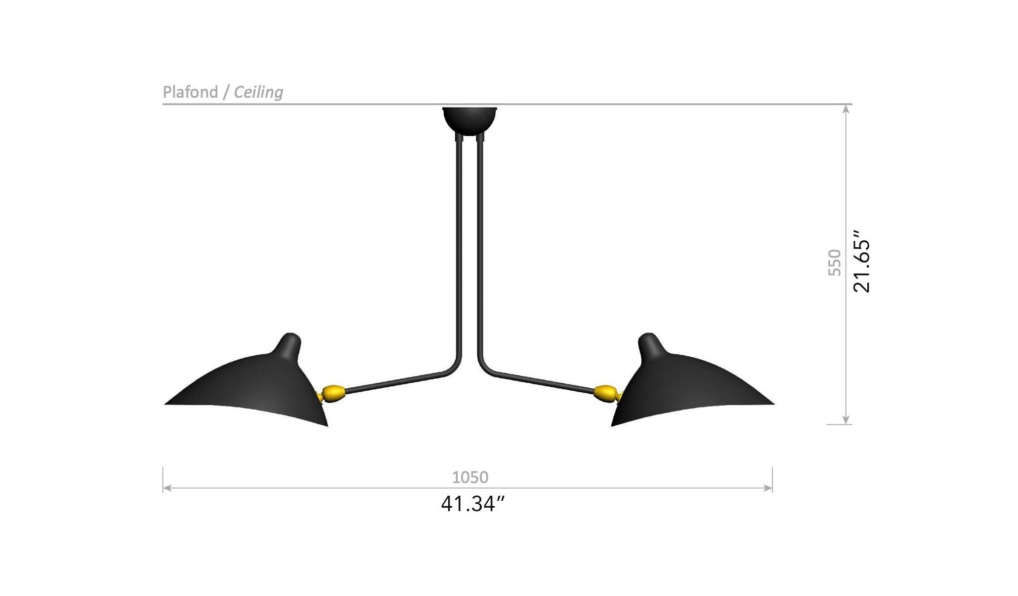 Aluminum Serge Mouille 'Plafonnier 2 Bras Fixes' Ceiling Lamp in Black For Sale