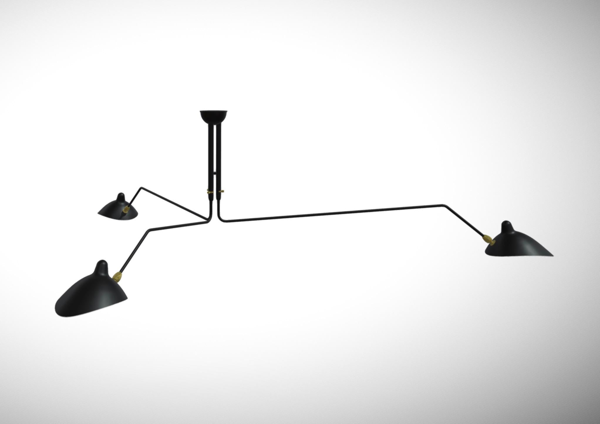 Aluminum Serge Mouille 'Plafonnier 3 Bras Pivotants' Ceiling Lamp in Black For Sale