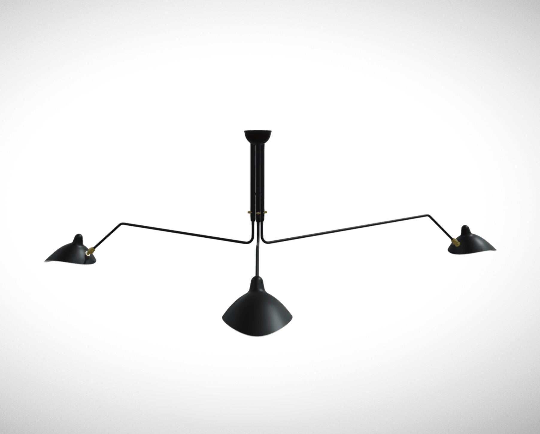 Serge Mouille 'Plafonnier 3 Bras Pivotants' Ceiling Lamp in Black For Sale 1