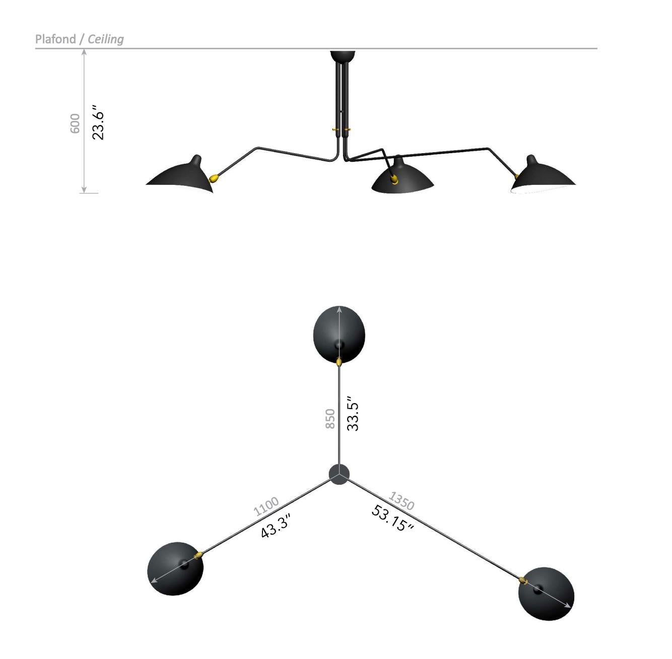 Serge Mouille 'Plafonnier 3 Bras Pivotants' Ceiling Lamp in Black For Sale 2