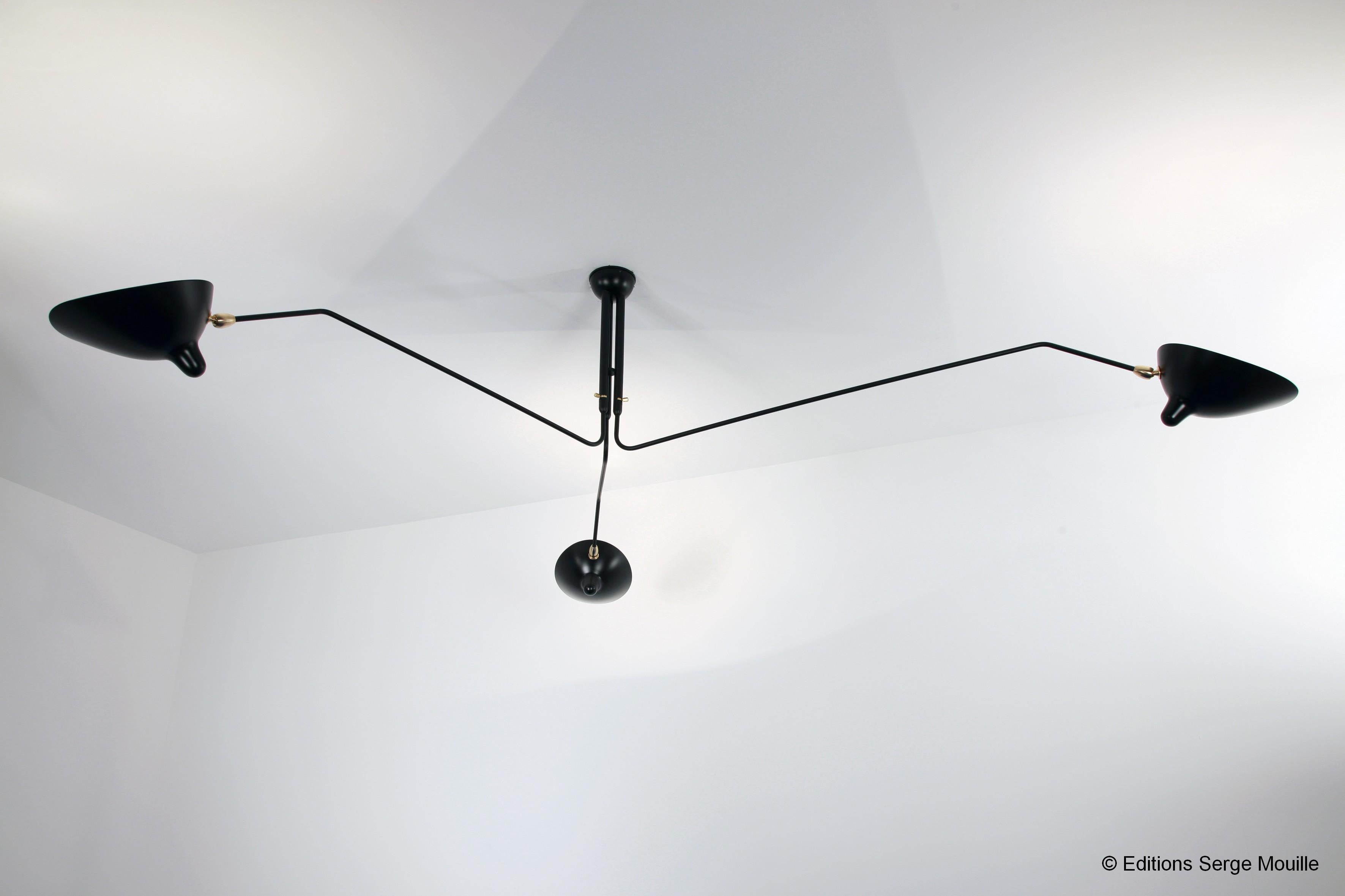 Mid-Century Modern Serge Mouille 'Plafonnier 3 Bras Pivotants' Ceiling Lamp in Black For Sale