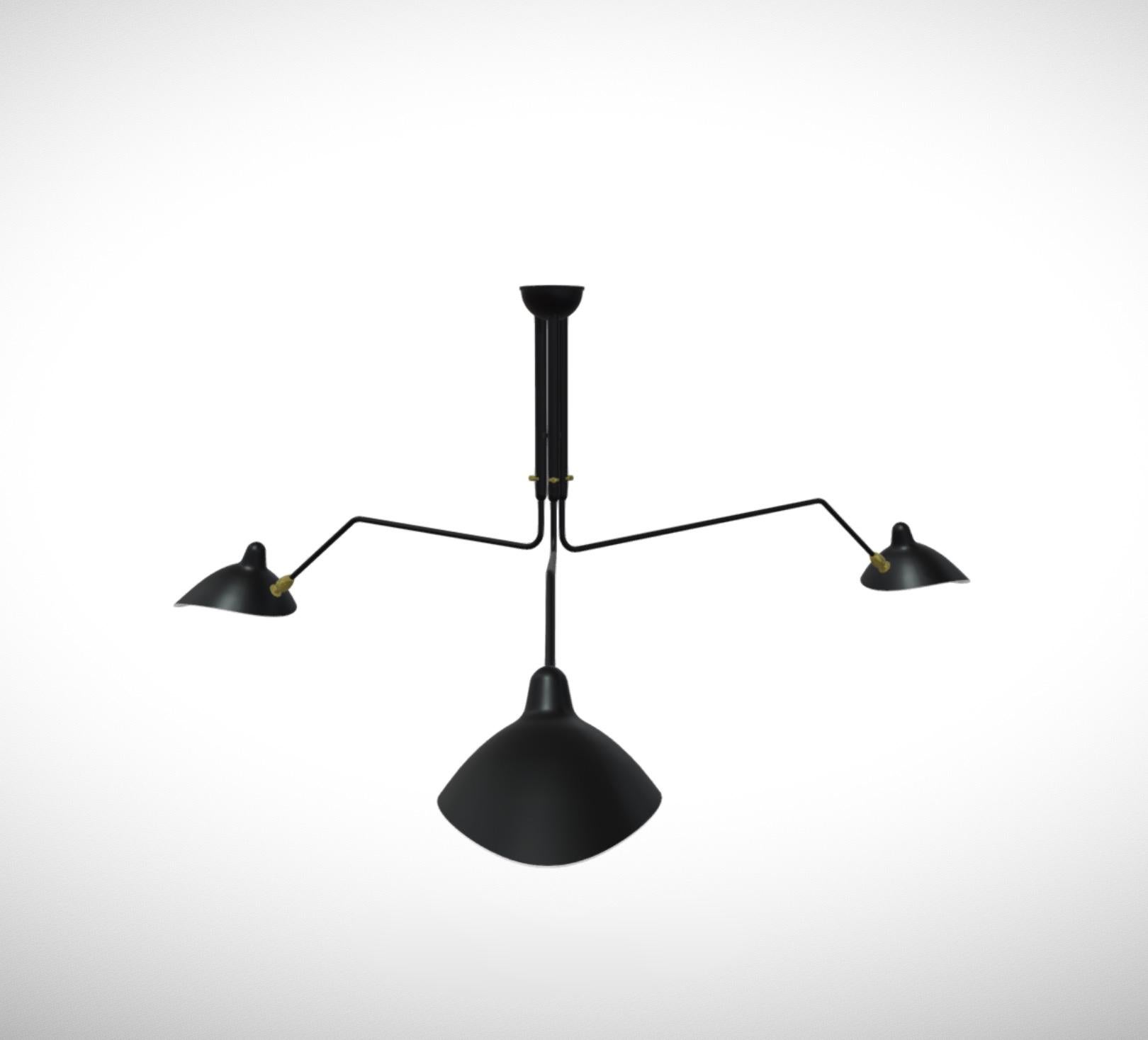 Painted Serge Mouille 'Plafonnier 3 Bras Pivotants' Ceiling Lamp in Black For Sale