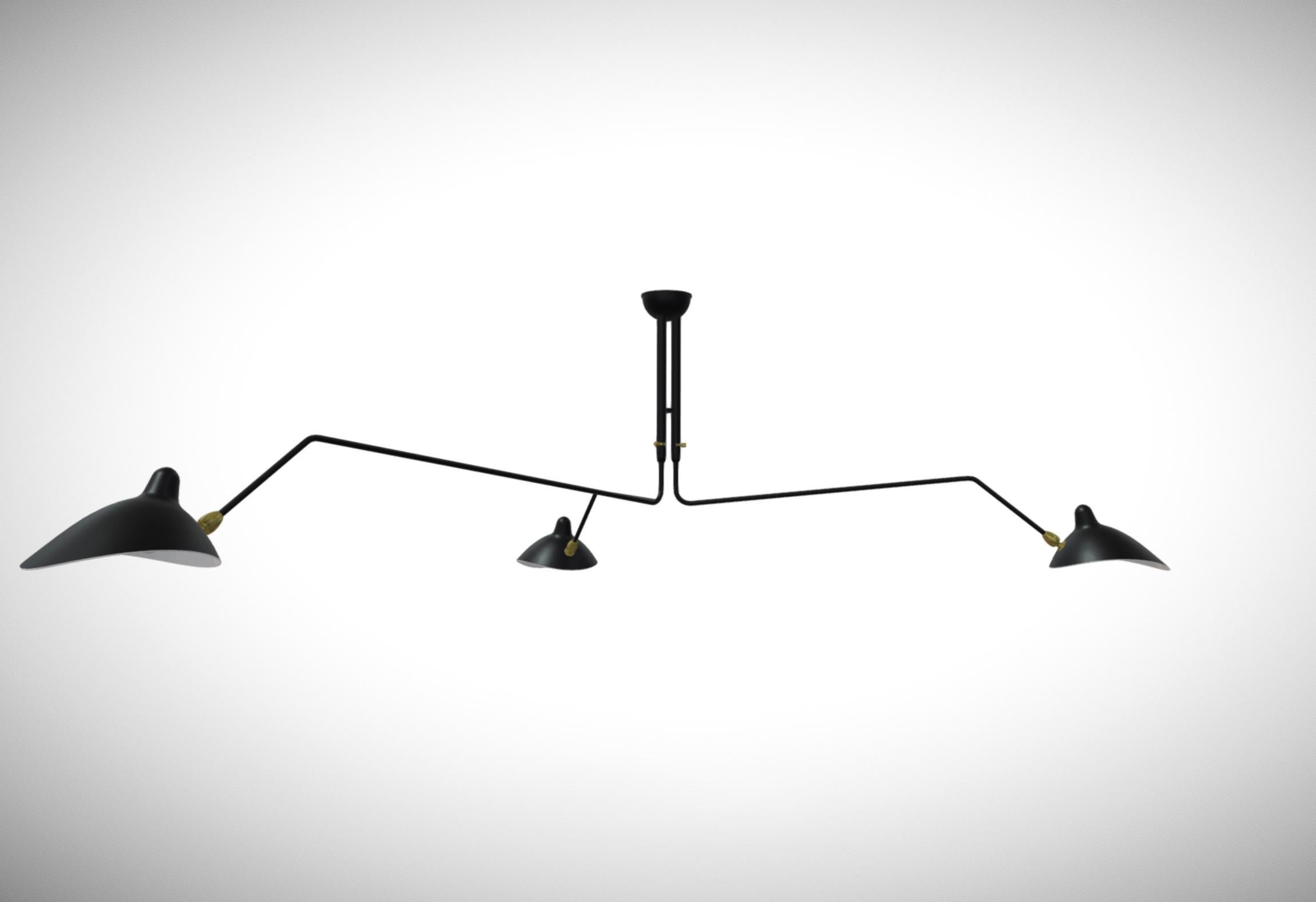 Serge Mouille 'Plafonnier 3 Bras Pivotants' Ceiling Lamp in Black In New Condition For Sale In Glendale, CA