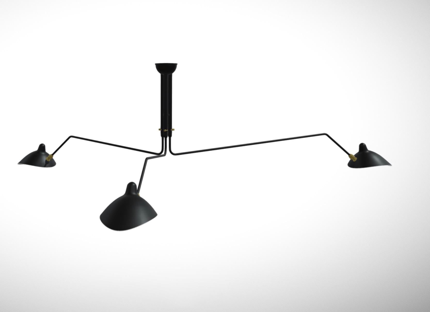 Contemporary Serge Mouille 'Plafonnier 3 Bras Pivotants' Ceiling Lamp in Black For Sale