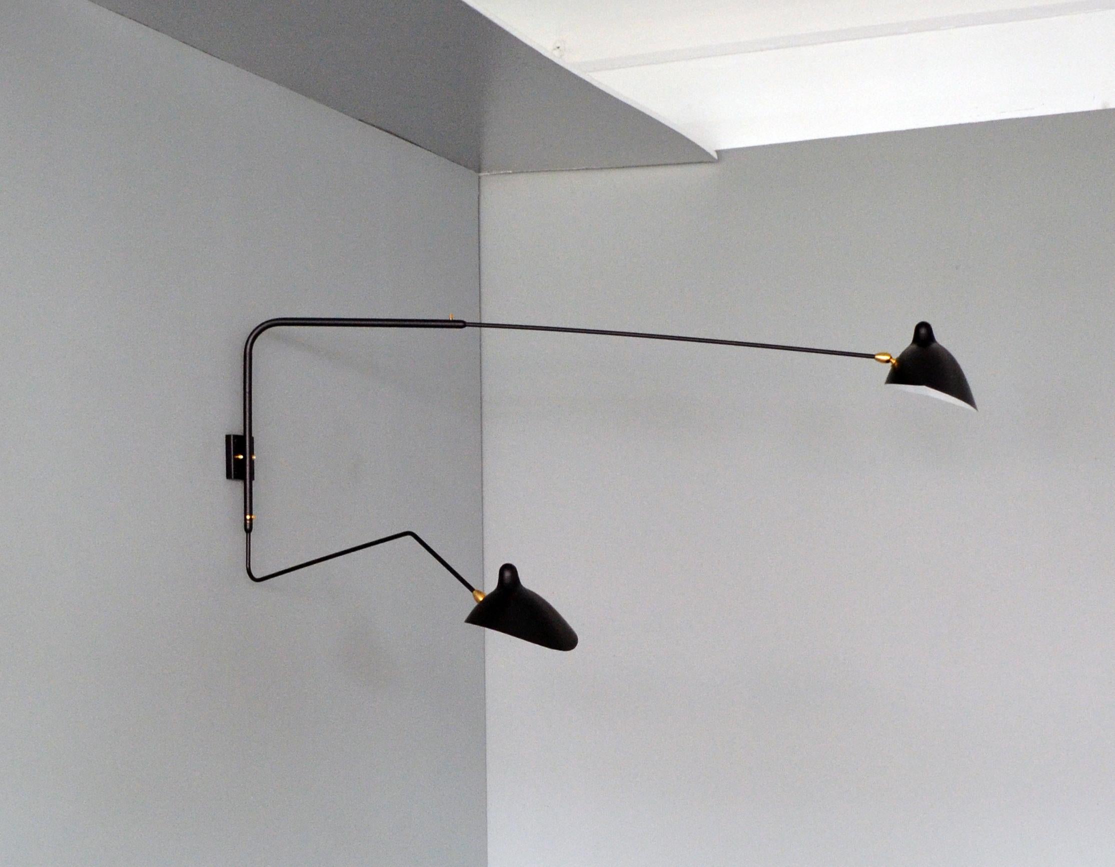Mid-Century Modern Serge Mouille - Rotating Sconce with 2 Arms (1 Curved) in Black - IN STOCK! For Sale