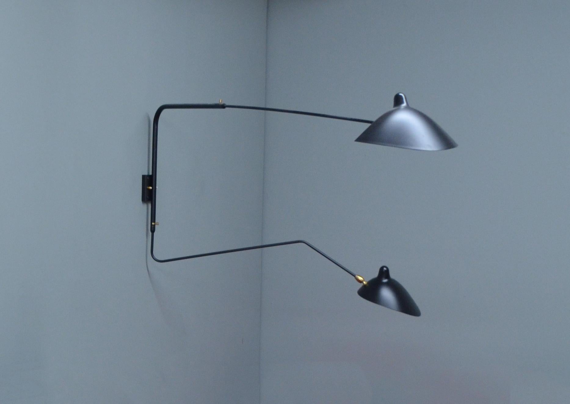 French Serge Mouille - Rotating Sconce with 2 Arms (1 Curved) in Black - IN STOCK! For Sale