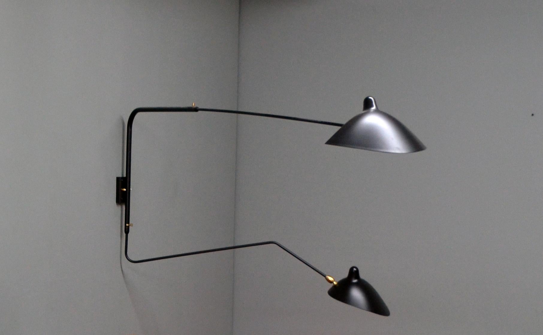 Painted Serge Mouille - Rotating Sconce with 2 Arms (1 Curved) in Black - IN STOCK! For Sale
