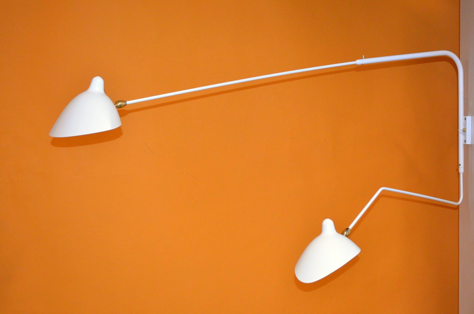 Mid-Century Modern Serge Mouille - Rotating Sconce with 2 Arms (1 Curved) in White - IN STOCK! For Sale