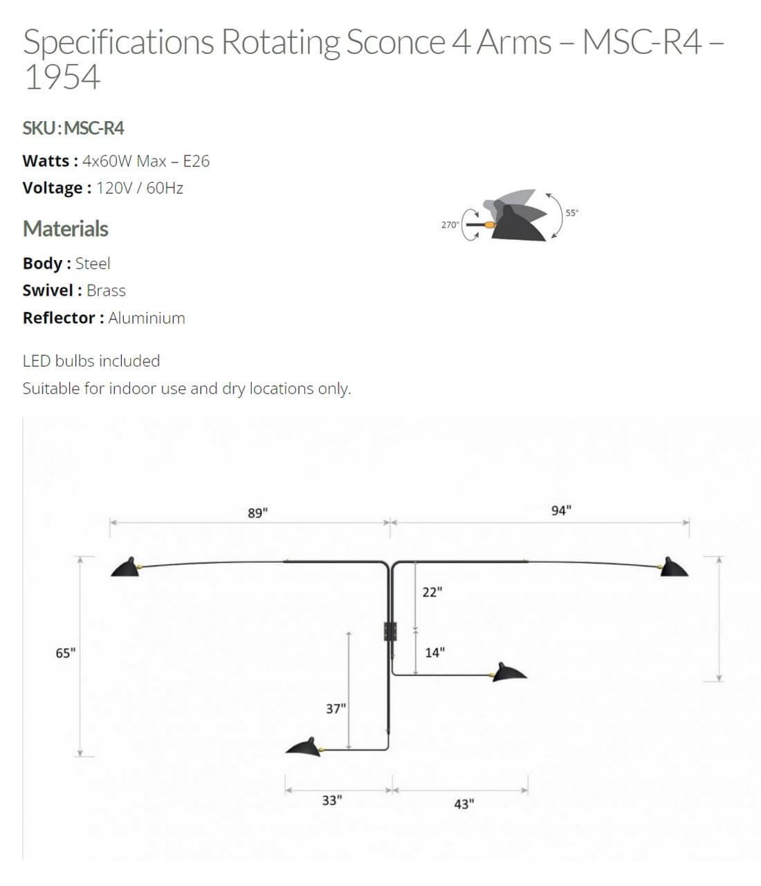 Steel Serge Mouille - Rotating Sconce with 4 Arms in Black For Sale