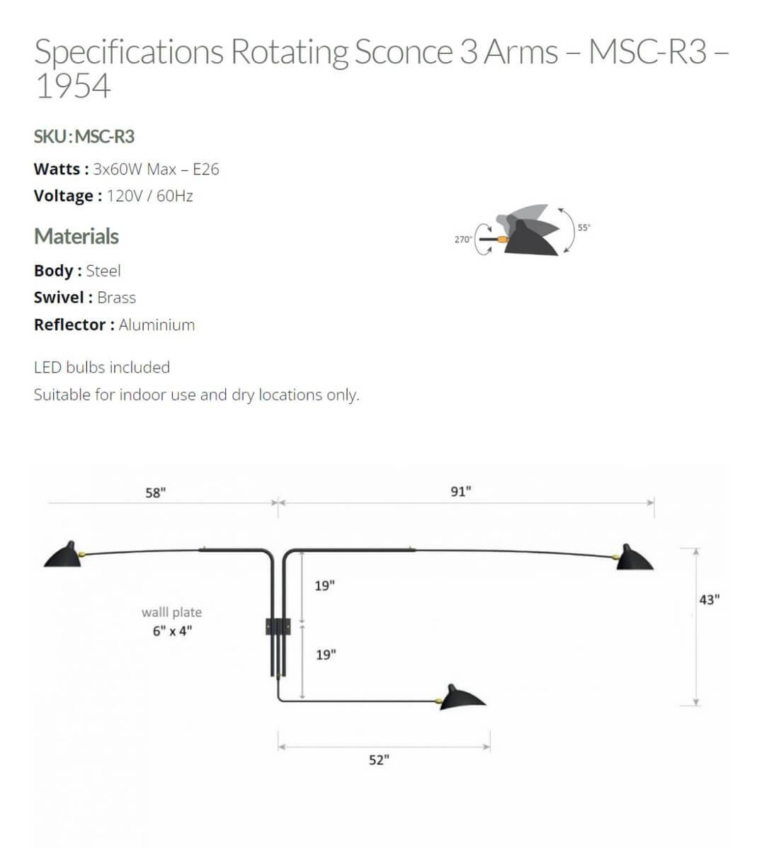 Serge Mouille - Rotating Sconce with 3 Arms in Black In New Condition For Sale In Stratford, CT