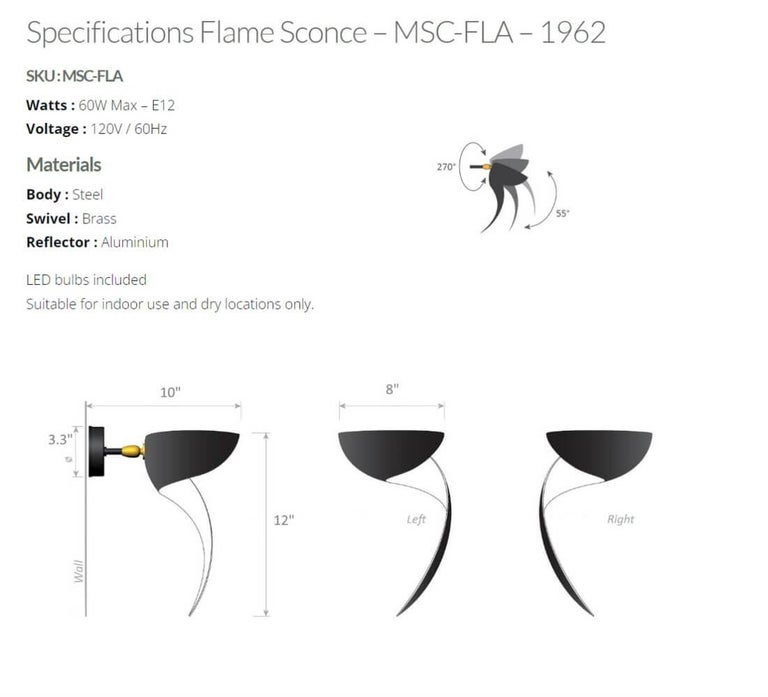 Serge Mouille Small Wall Sconce, Flame in Black In Excellent Condition For Sale In Brooklyn, NY