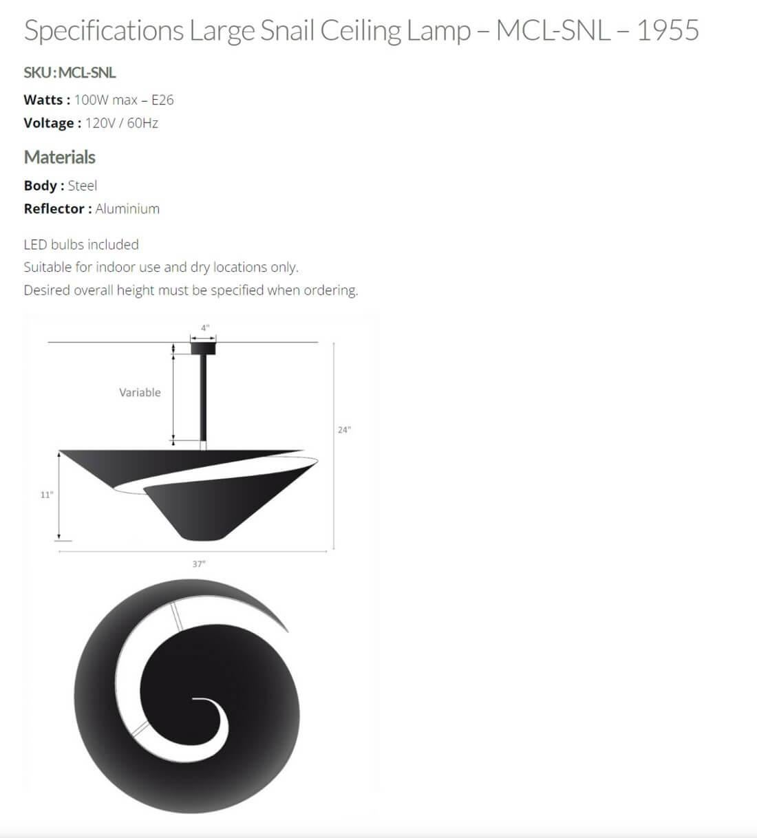 Contemporary Serge Mouille - Large Snail Ceiling Lamp in Black For Sale