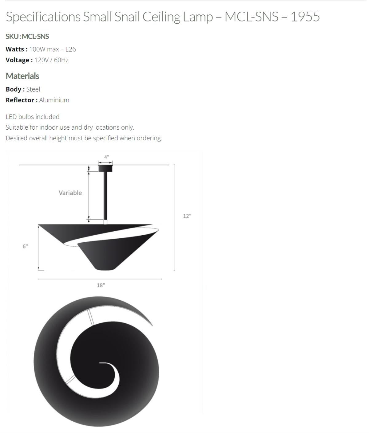 Mid-Century Modern Serge Mouille - Small Snail Ceiling Lamp in Black For Sale