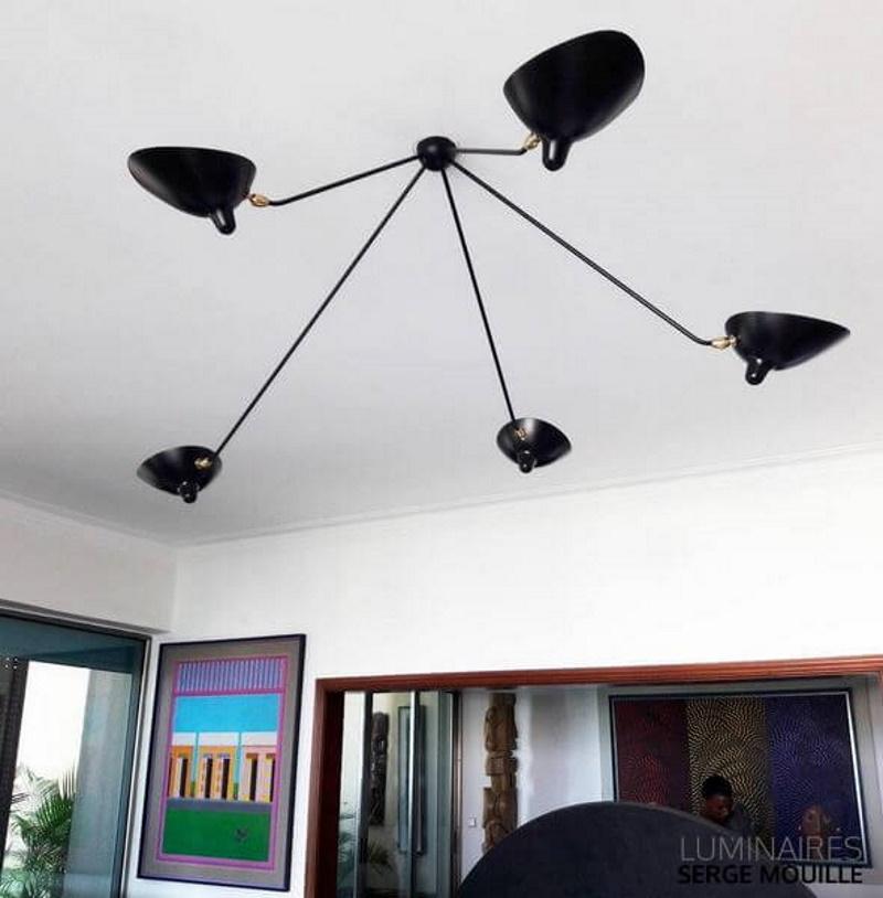 Painted Serge Mouille - Spider Ceiling Lamp with 5 Arms in Black For Sale