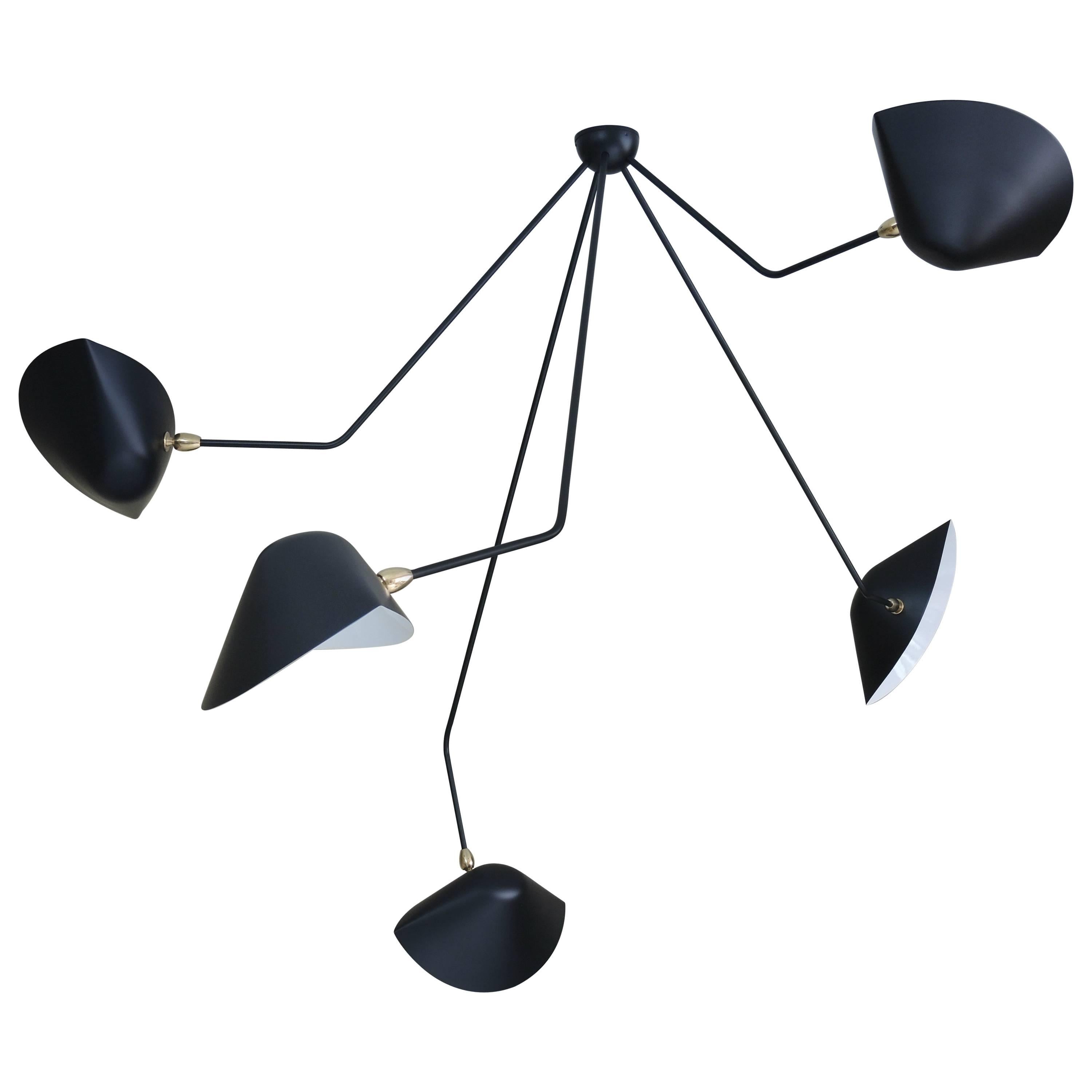 Serge Mouille - Spider Ceiling Lamp 5 Falling Arms in Black 39" Drop - IN STOCK! For Sale
