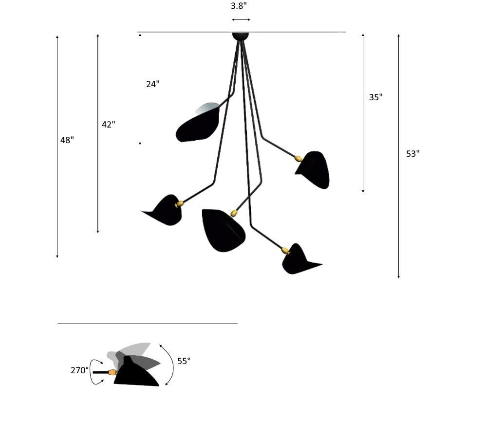 Serge Mouille - Lampada da soffitto Spider a 5 bracci cadenti in nero, altezza 53