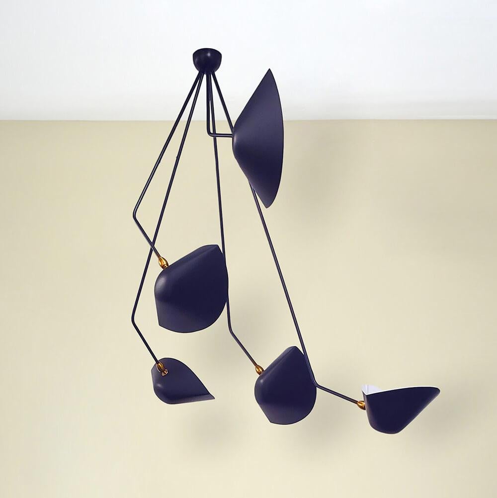 Mid-Century moderno Serge Mouille - Lampada da soffitto Spider a 5 bracci cadenti in nero, altezza 53