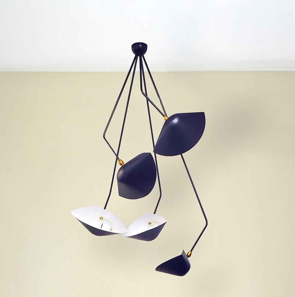 Francese Serge Mouille - Lampada da soffitto Spider a 5 bracci cadenti in nero, altezza 53
