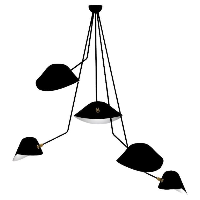 Serge Mouille - Lampada da soffitto Spider a 5 bracci cadenti in nero, altezza 53" - IN STOCK!
