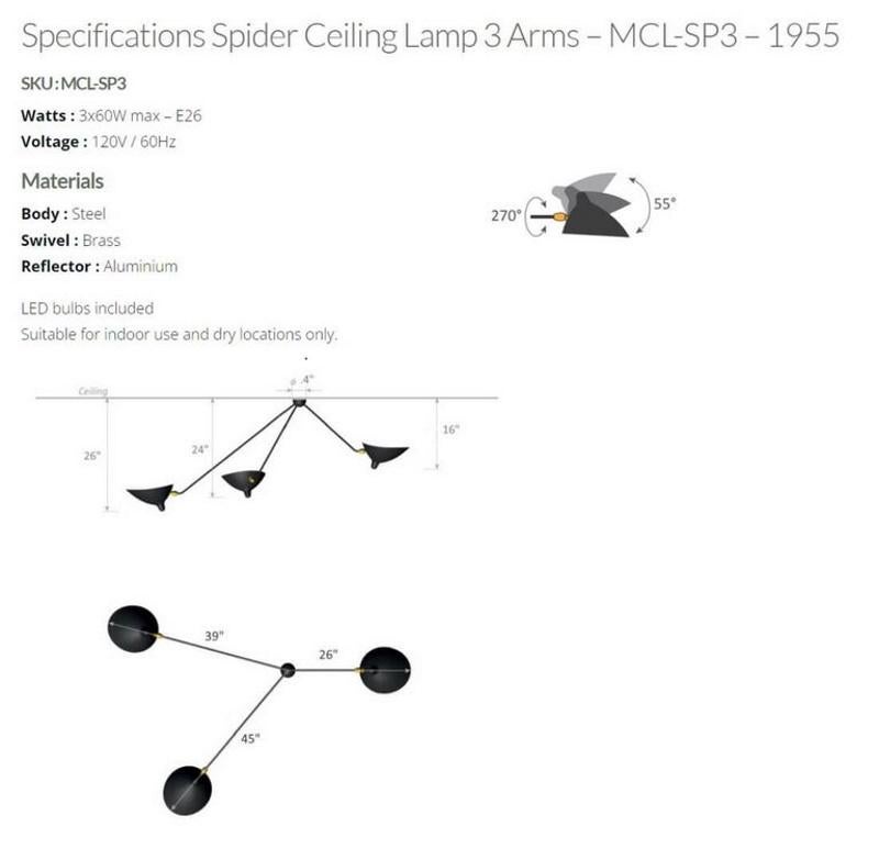 Other Serge Mouille Spider Ceiling Lamp with Three Arms For Sale