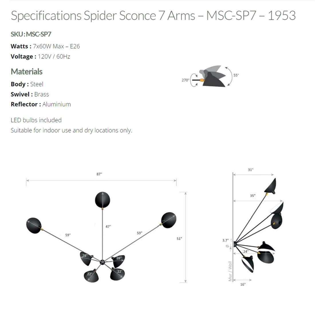 Contemporary Serge Mouille - Spider Sconce with 7 Arms in Black or White For Sale