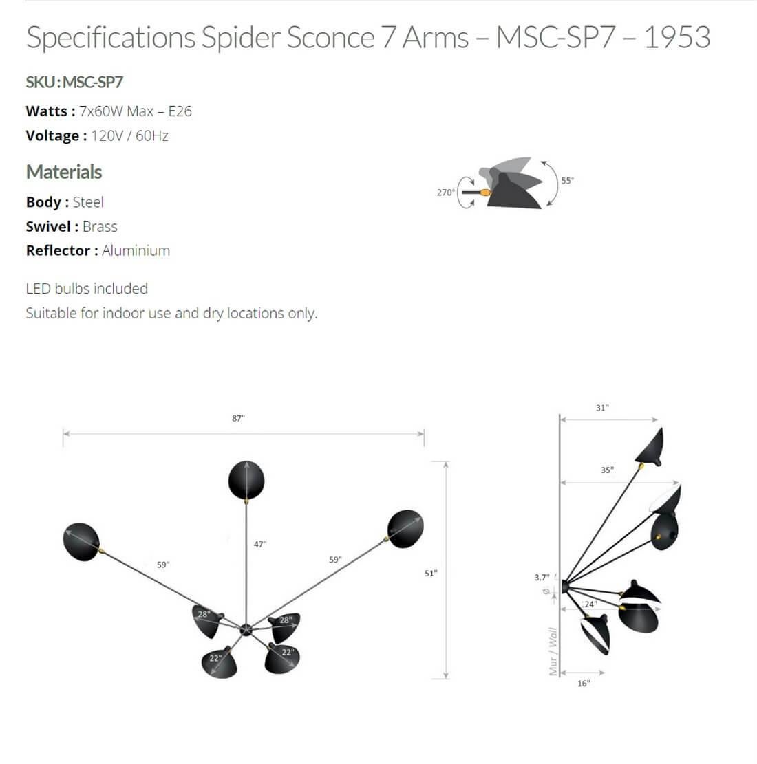 Serge Mouille - Spider Sconce with 7 Arms in White or Black In New Condition For Sale In Stratford, CT