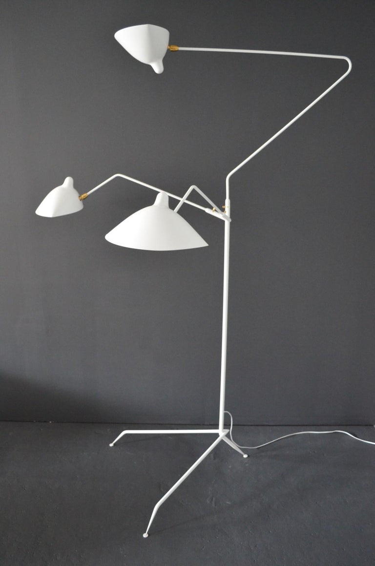 Mid-Century Modern Serge Mouille Standing Floor Lamp with Three Arms in White For Sale