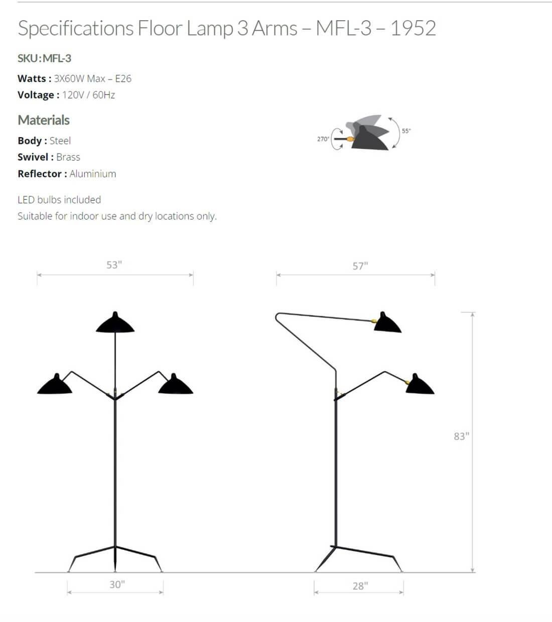 Serge Mouille – Stehlampe mit 3 Armen in Weiß im Angebot 2