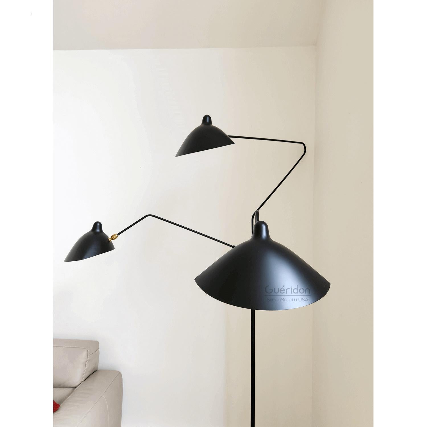 Serge Mouille - Three Arm Floor Lamp in Black - IN STOCK! For Sale 7