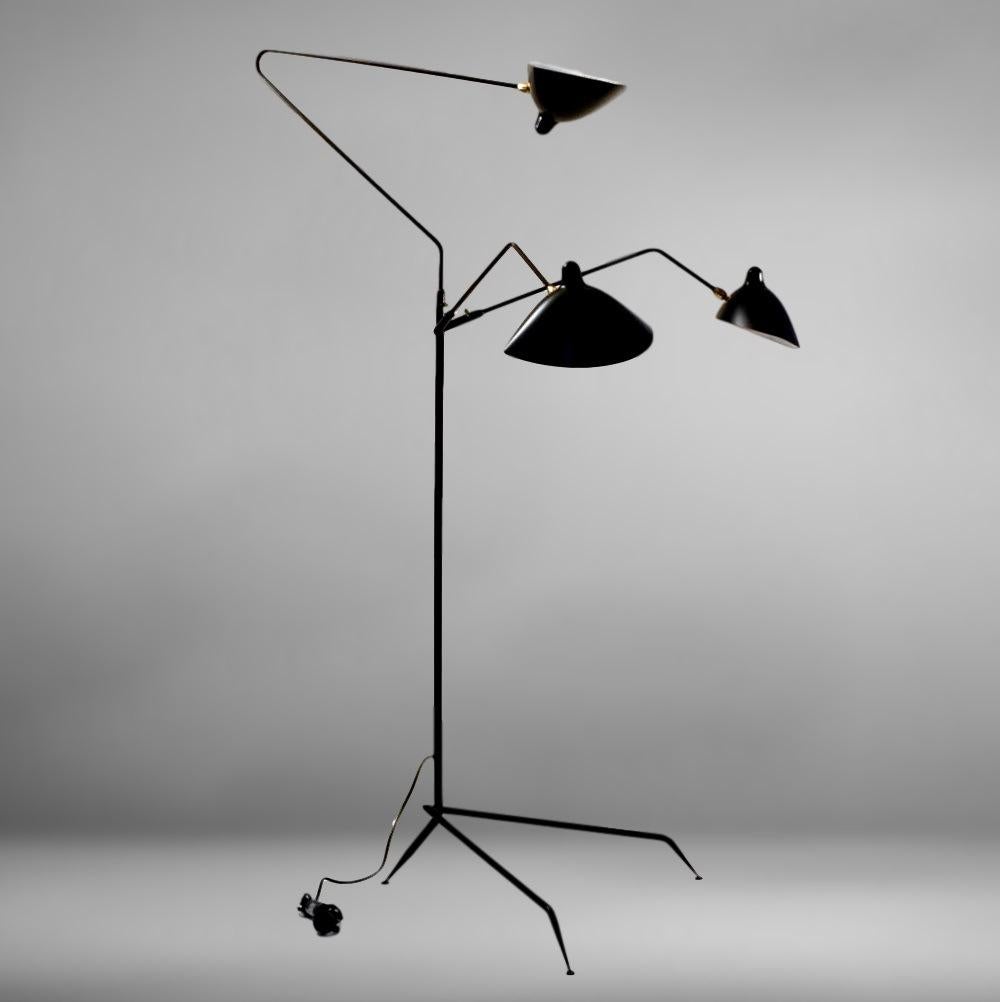 Serge Mouille - Floor Lamp with 3 Arms in Black In New Condition For Sale In Stratford, CT