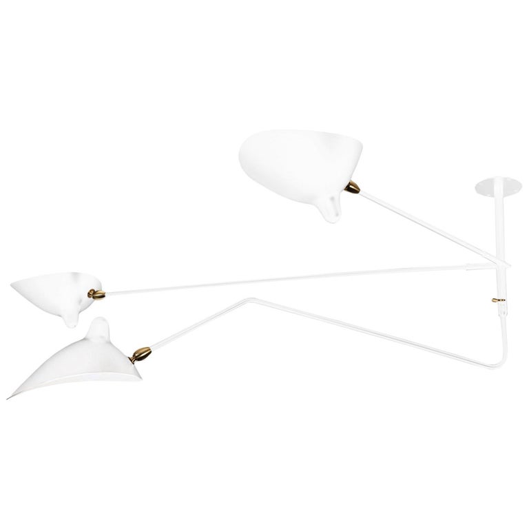 Serge Mouille Suspension White Three Arms One Rotating Ceiling