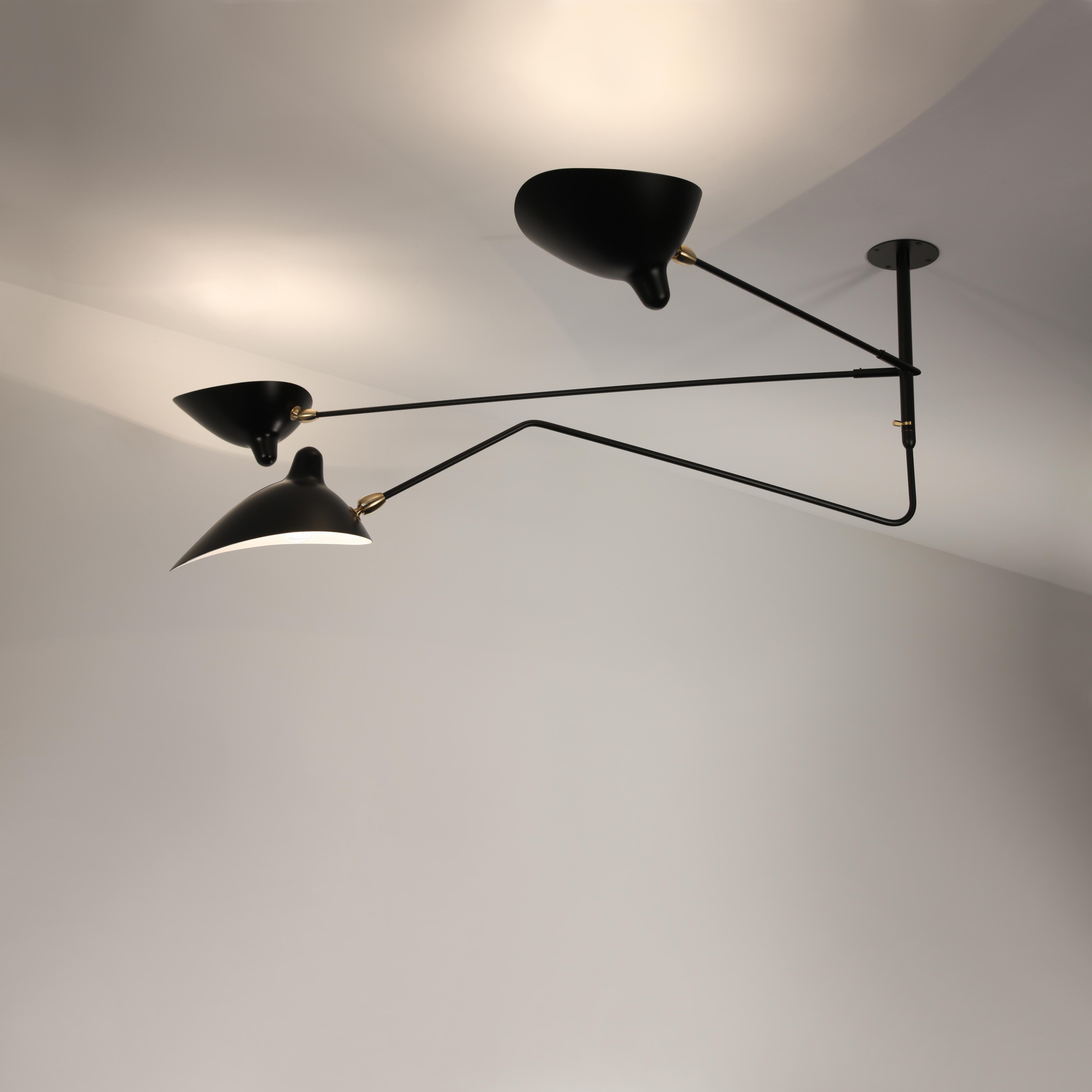 French Serge Mouille Three Arms, One Rotating Ceiling Sconce Lamp