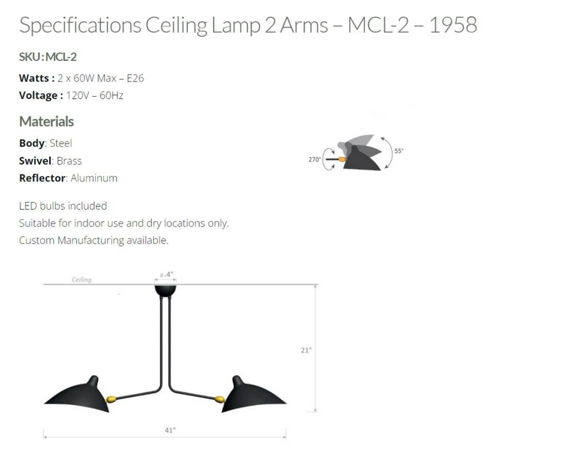 Mid-Century Modern Serge Mouille - Two-Arm Ceiling Lamp in White - IN STOCK! For Sale