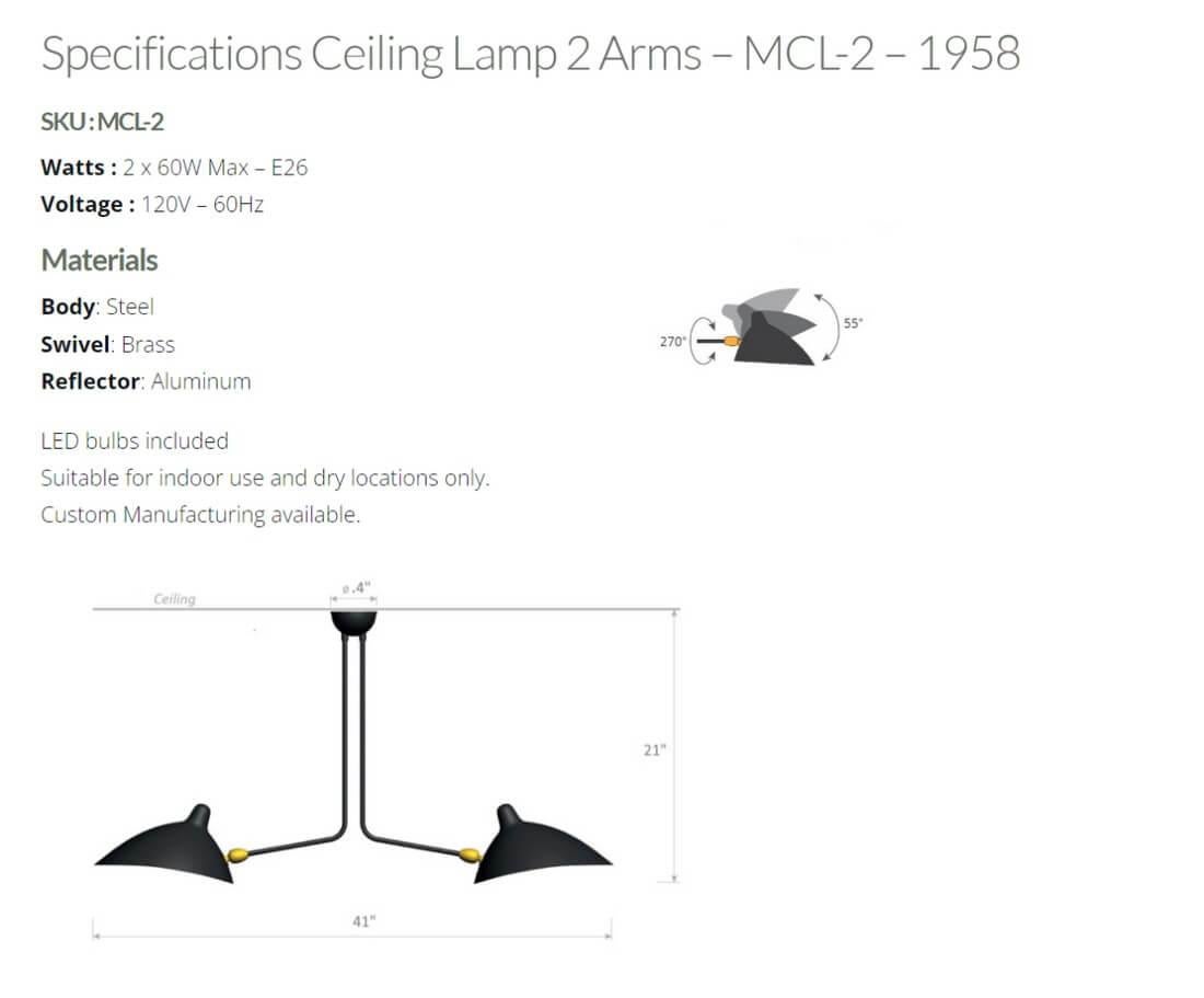Dipinto Serge Mouille - Lampada da soffitto a due bracci in bianco - IN STOCK! in vendita