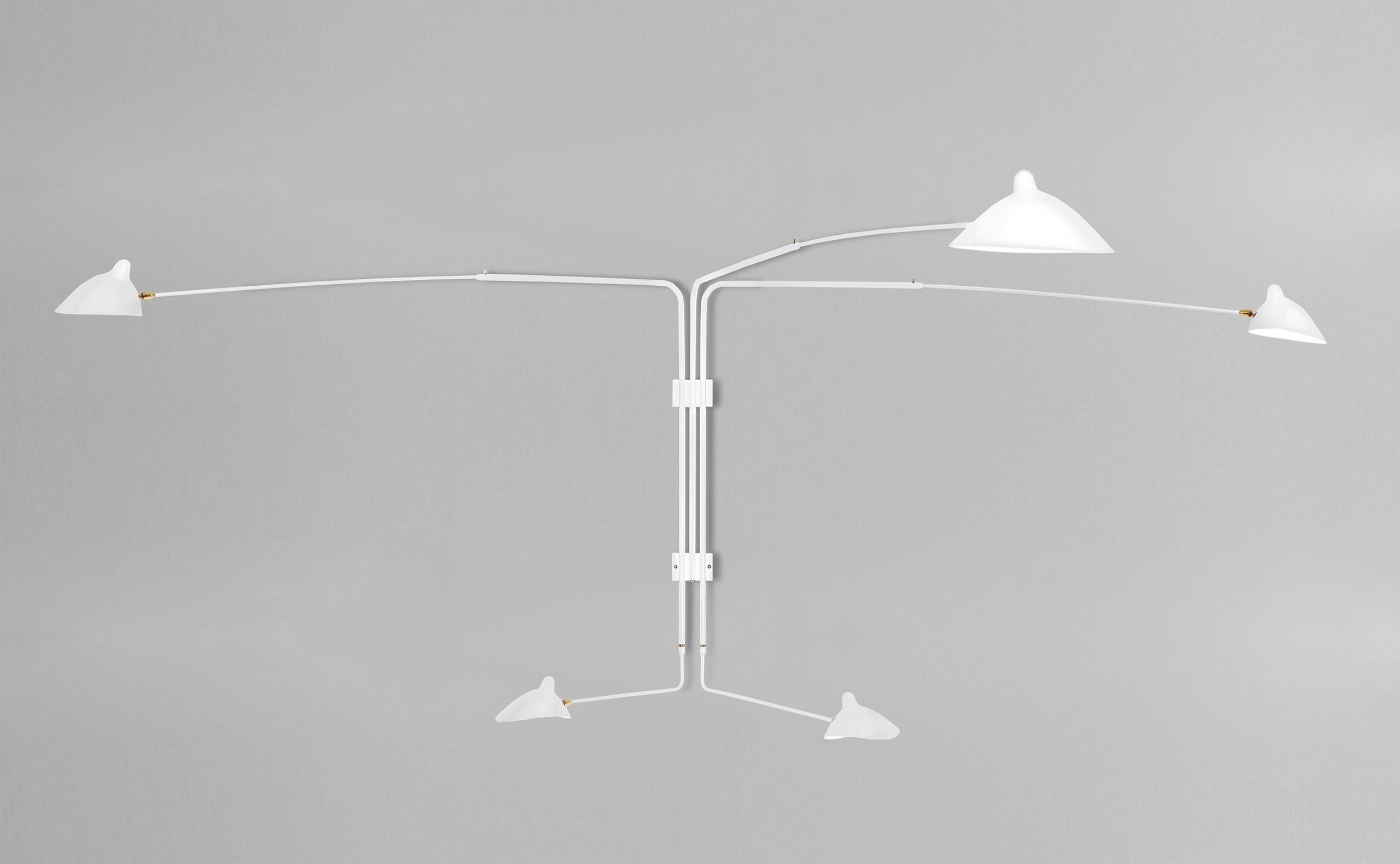 Wall lamp model 'Four Rotating Straight Arms Wall Lamp' designed by Serge Mouille in 1954.

Manufactured by Editions Serge Mouille in France. The production of lamps, wall lights and floor lamps are manufactured using craftsman’s techniques with the