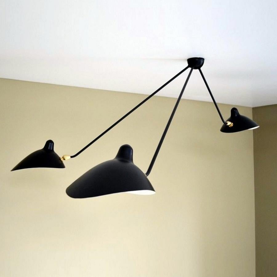 French Serge Mouille - White or Black Spider Ceiling Lamp with 3 Arms For Sale