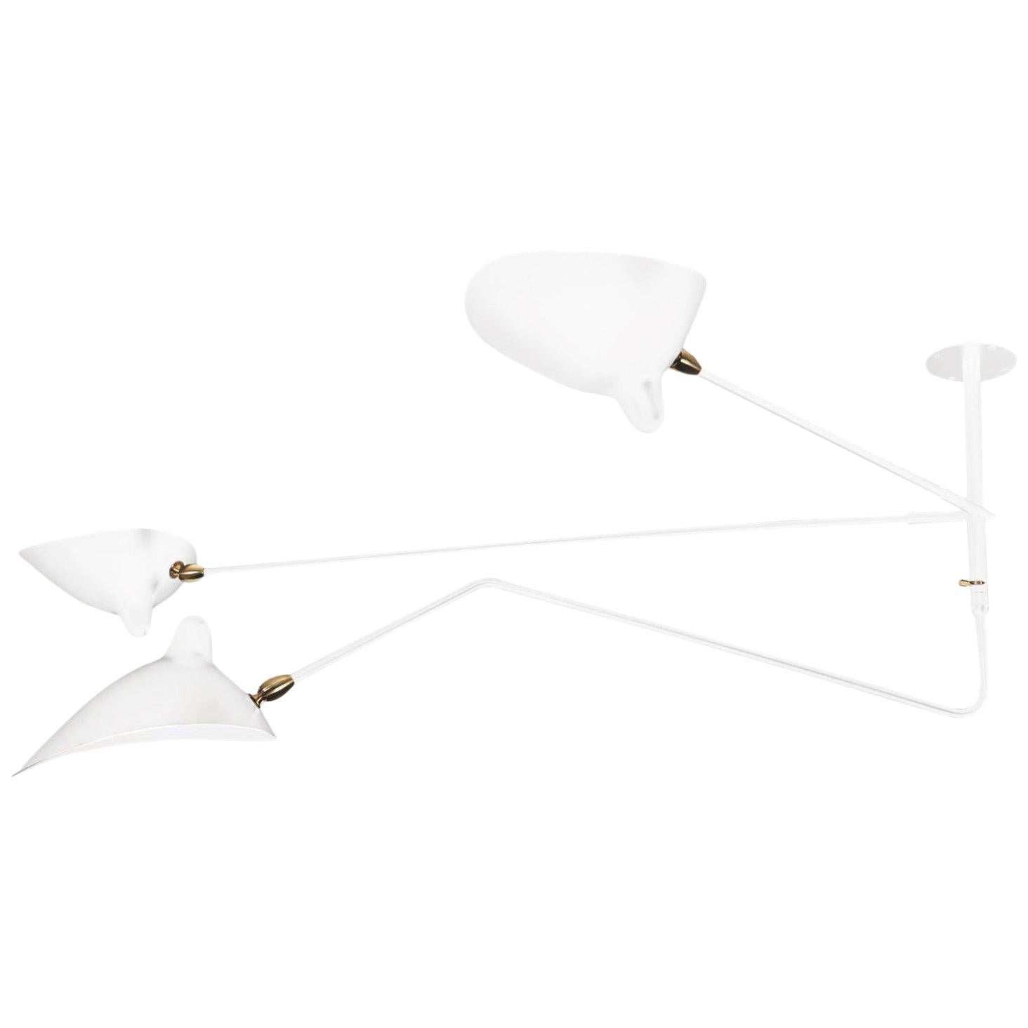 Serge Mouille White "Suspension" Two Fixed and One Rotating Curved Arm Lamp